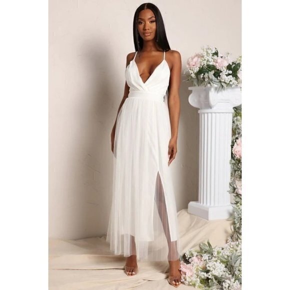 Blashe Mesh Overlay Maxi‎ Surplice V-Neckline Dress White Size Small - Picture 1 of 4